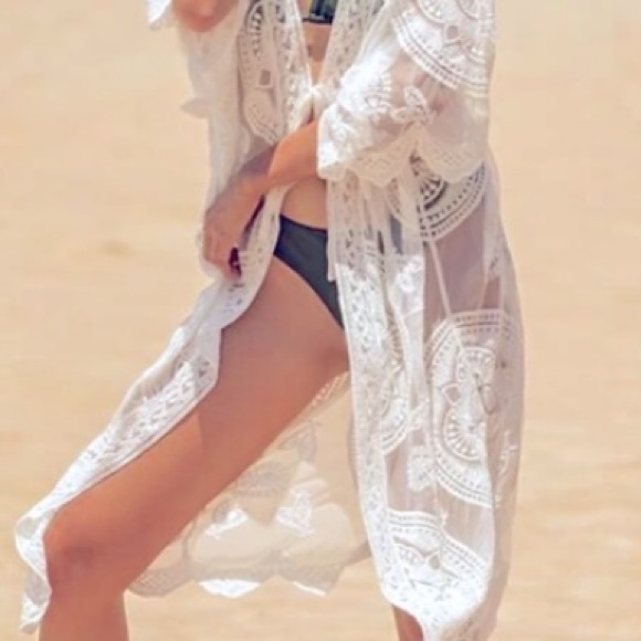 Sheer Embroidery Tie Front Mesh Kimono - Picture 12 of 12